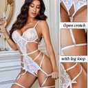 Avidlove Women's Deep V Teddy Lingerie Sexy Lace Bodysuit Cut Out Garter Lingerie Sets (White, M)