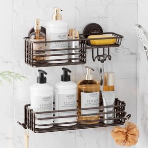 LEVERLOC Shower Caddy Suction Cup, 2 Pack Shelves for Inside with Hooks and Soap Holder, NO-Drilling Bathroom Holder, Rustproof Meatl Bathroom Organizer, Brown