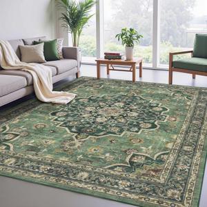Rugs for Living Room, Lightweight Low Pile Area Rug with Non-Slip Backing Soft Carpet for Bedroom Dining Room Home Office Machine Washable Stain-Resistant Vintage (Forest Green, 6'  9')
