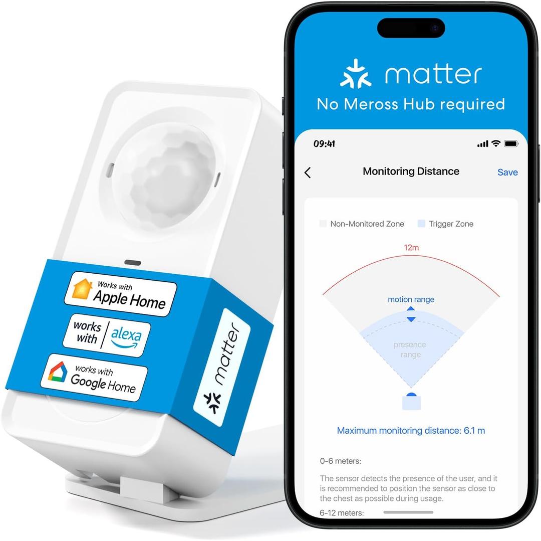 Meross Matter Human Presence Sensor, 3-in-1 PIR & Light & mmWave Radar Motion Sensor, AI Motion Detector for Matter Smart Home Automation, Supports HomeKit, Alexa, Google, Home Assistant, 2.4GHz Wi-Fi