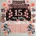 15th Birthday Decorations for Girls,51Pcs PRE-STRUNG Rose Gold Black Party Set-15 Years Old Crown and Sash,Banner Backdrop Balloons Candle Hanging Swirls Paper Fans,PRE-ASSEMBLED