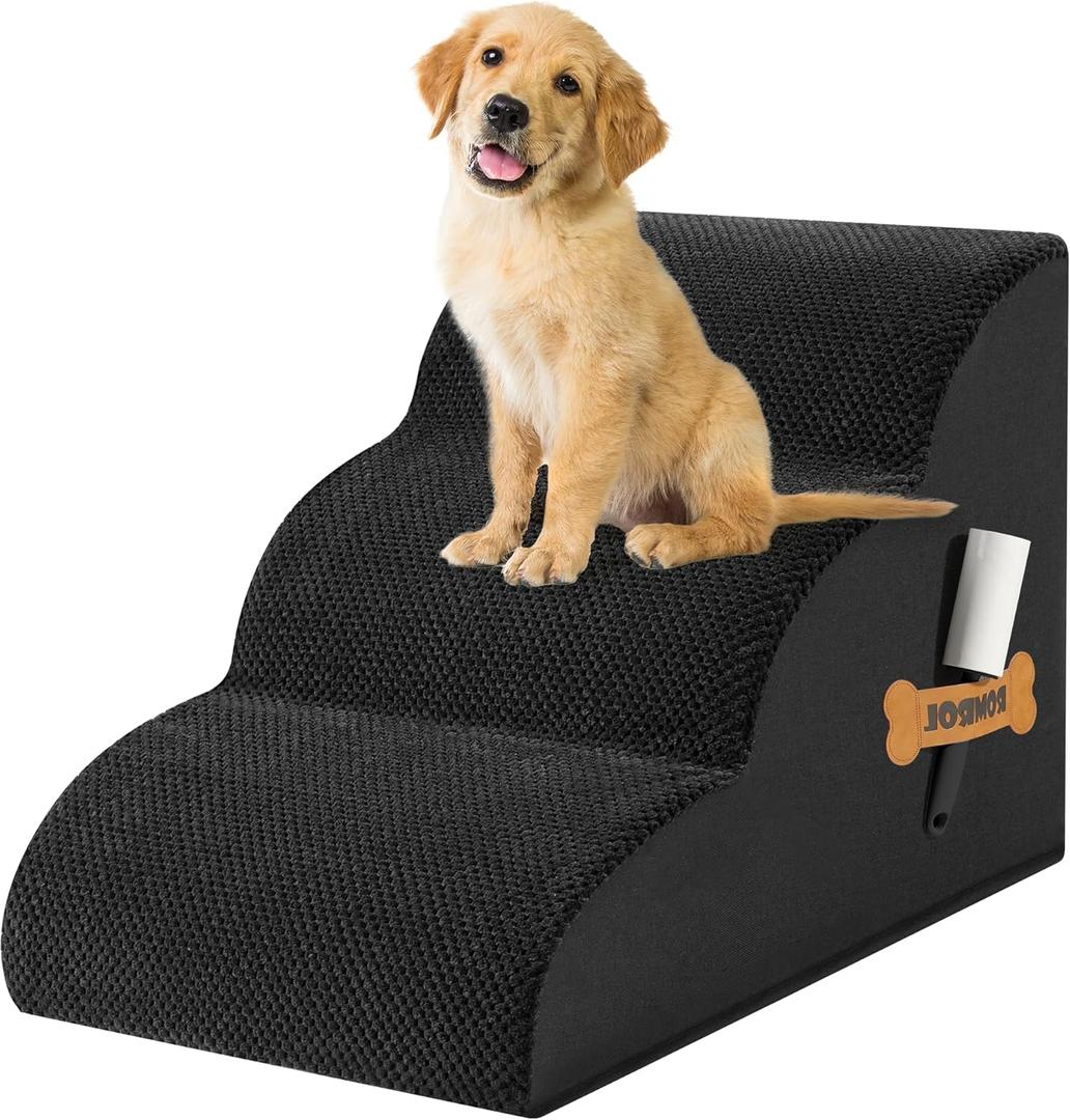 Romrol Dog Stairs Ramp for Beds Couches, Extra Wide Pet Steps with Durable Non-Slip Waterproof Fabric Cover, Pets Slope Stairs, 3-Tiers,Black,15 Inch