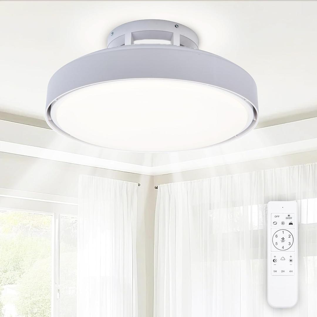 Bladeless Ceiling Fan with Light and Remote, White Modern Enclosed Ceiling Fan, Dimmable Led Bladeless Fan Light, Low Profile Flush Mounted Fan Indoor