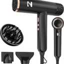 Nicebay Ionic Hair Dryer with diffuser for Curly Hair,1600W &110000RPM High-Speed Brushless Motor for Fast Drying, Professional Blow Dryer for Women, Low Noise, Lightweight, Lock Function, Travel Home Salon (Black & Champagne Gold)