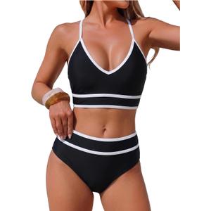 ZAFUL Women's High Waisted Tankini Scoop Neck Knotted Two Pieces Tankini Set Swimsuit (Black, M)