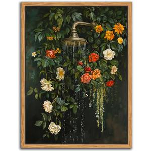 Floating Framed Floral Shower Wall Art, Vintage Botanical Flower Canvas Print, Romantic Garden Roses and Waterfall Painting, Nature Inspired Bathroom Wall Decor for Home Living Room 16x24 inch