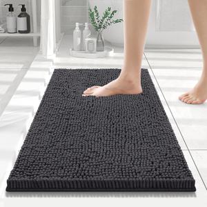 Smiry Luxury Chenille Bathroom Rugs 24x16, Extra Soft and Absorbent Shaggy Bath Mat, Machine Washable, Non-Slip Plush Carpet Runner for Tub, Shower, and Floor, Home Decor Accessories, Charcoal Grey