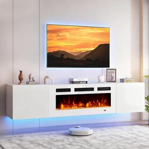 70'' Floating TV Stand with 36" Electric Fireplace, Wall Mounted Entertainment Center with Storage for TVs up to 80", Adjustable 12-Color LED Lights Media TV Console for Living Room,All White