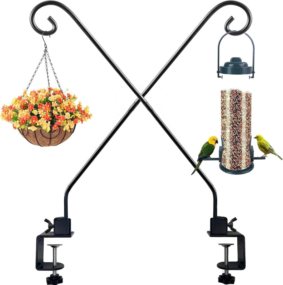 Heavy Duty Deck Hook,Courtyard Decoration,Pole 32Long Metal Deck Railing Hooks for Hanging Bird Feeders,Planters,Suet Baskets,Lanterns,Wind Chimes,Clamp Mounted,Under 15 LBS2PCAK