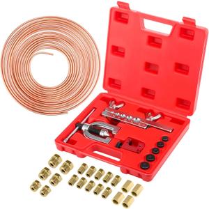 ISINSWIFT 25 ft 3/ 16'' Copper Coated Brake Line Kit with 16 Fittings and 4 Unions Brake Line Fittings, Brake Line Double & Single Flaring Tool Kit, Fits for Most Hydraulic Braking Systems, Fuel Systems