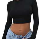 Abardsion Women's Sexy Long Sleeve Crop Top 2024 Crew Neck Basic Fitted Tight Cropped T Shirts (Medium, Black)