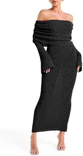 Saodimallsu Women's Off Shoulder Summer Maxi Dress Bell Long Sleeve Sexy Bodycon Strapless Sheer Beach Swimsuit Coverup Size M