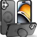 Magnetic for iPhone 16 Plus Case with Ring Stand, [10 FT Drop Protection] [Velvety Touch] Slim Translucent Matte Back Shockproof Phone Case for iPhone 16 Plus 6.7'', Space Black