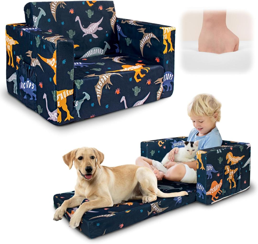 Beavtaens Kids Couch, 2-in-1 Kids Fold Out Couch, Convertible Kid Sofa to Lounger for Girls and Boys, Soft Toddler Chairs Comfy 1-3 Years Old (Dinosaur)