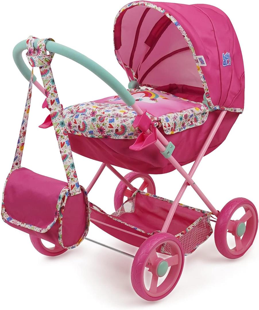Baby Alive Deluxe Doll Pram - Pink & Rainbow - Includes Handbag, Fits 18" Dolls, Large Canopy, Storage Basket, Bassinet - Pretend Play for Kids Ages 3+