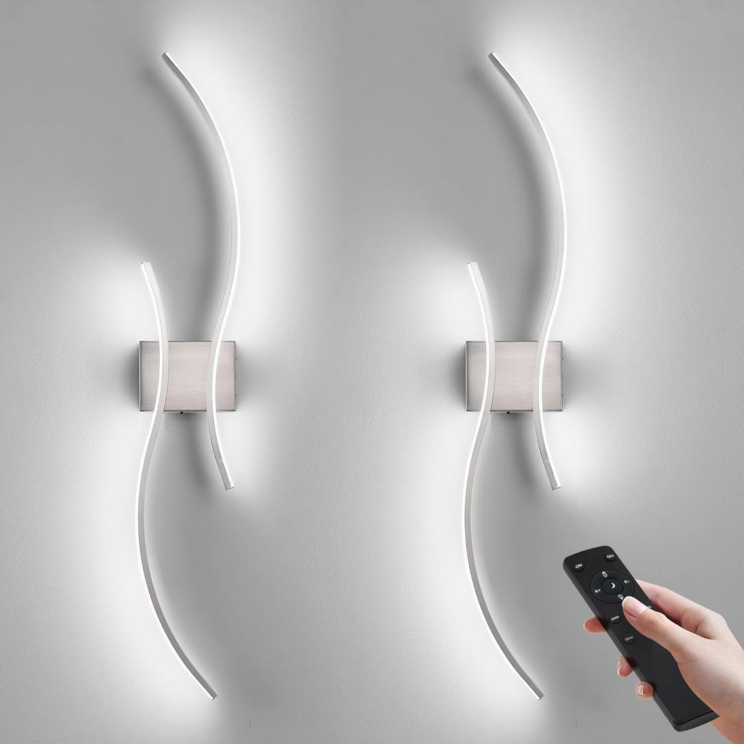 Battery Operated Wall Sconces Set of Two with Remote Control, Stepless Colors 3000K-6000K & Dimming, LED Nickel Wireless Wall Light for Living Room, Hallway, Bedroom, 39.3 Inch (Pack of 2)