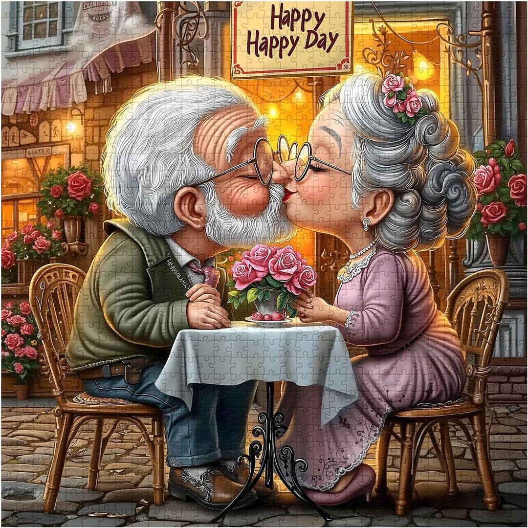 Elderly Couple Love Puzzles for Adults 1000 Pieces, Happy Grandpa Grandma Jigsaw Puzzle, Challenging Valentines Art Puzzles as Home Decor