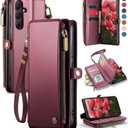 Defencase for Galaxy S26 Case Wallet with RFID Blocking Card Holder for Women Men, Elegant PU Leather Magnetic Snap Flip Wrist Strap Zipper Wallet Phone Cases for Samsung Galaxy S26 5G 6.3", Wine Red