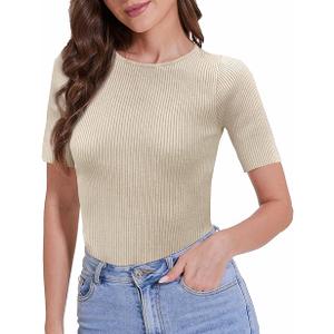 Women's Short Sleeve T Shirts Summer Crewneck Tops Ribbed Knit Slim Fit Shirt Casual Basic Tees Tops large
