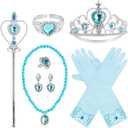 Princess Dress Up Party Accessories for Princess Costume Gloves Tiara Wand Necklace Earrings Bracelet and Ring Gift Set 9pcs (Blue, Set of 7, 9pcs)