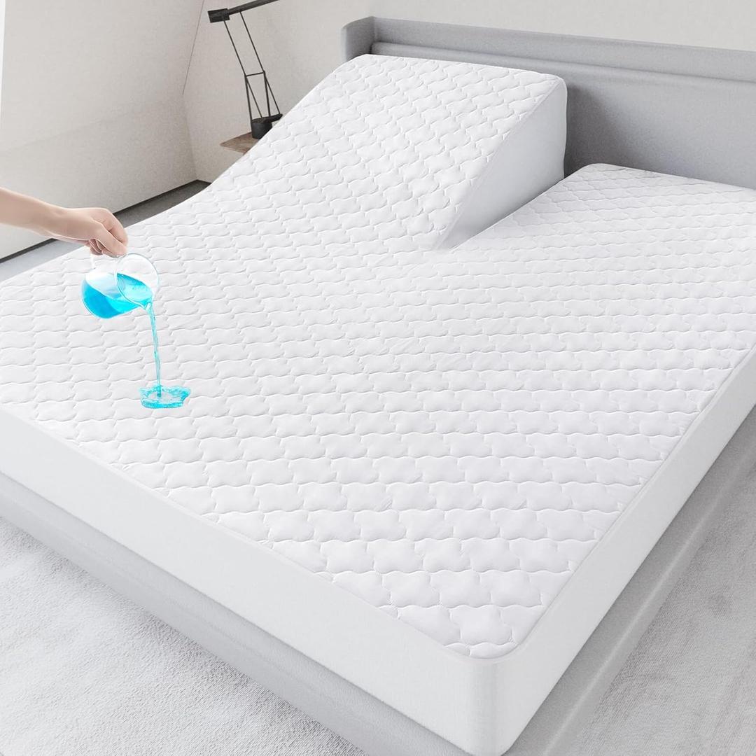 Split Top King Mattress Pad Waterproof Protector, Quilted Mattress Cover Fitted for Adjustable Bed 32"-34" Top Split from Head, Deep Pocket Mattress Protector Up to 18", White (Cover Only)