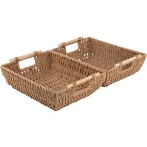 OIAHOMY Storage Baskets, Small Paper Rope Wicker Organizers with Wooden Handles, Baskets for Organizing, 2-Pack, Yellow (14.2"*10.8"*4.1")