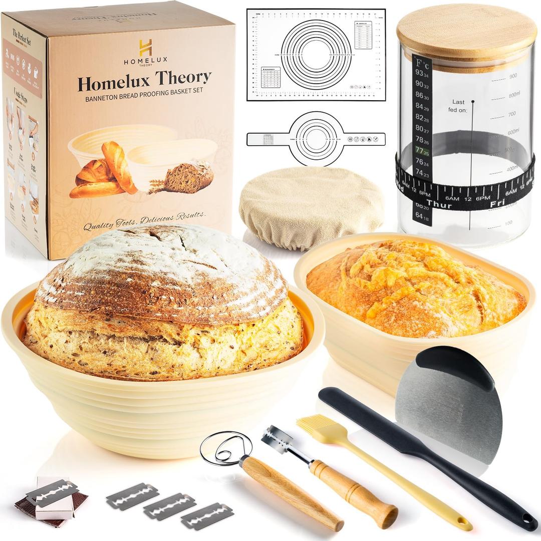 Sourdough Starter Kit, 14pcs Bread Making Kit & Sourdough Bread Baking Supplies Kit, Banneton Basket Kit for Sourdough Proofing with Bread Baking bowl for Artisan Breads (Yellow) by HOMELUX THEORY