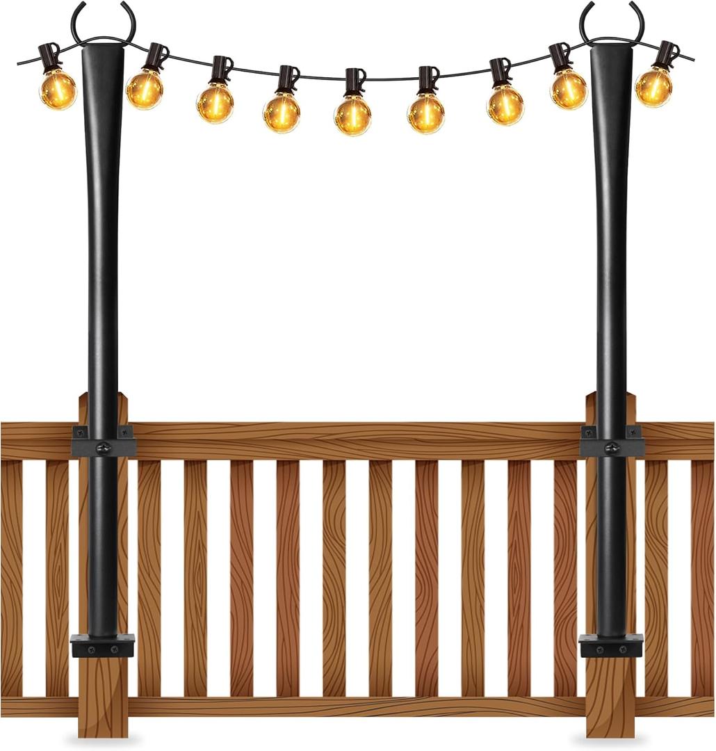 2 Pack String Light Poles for Deck, 5Ft Heavy-Duty Metal Deck Light Poles for Outside with Fixing Clips, Lighting Hanging Post Accessories for Patio Decor Garden Backyard Yard Fence Porch Decorations