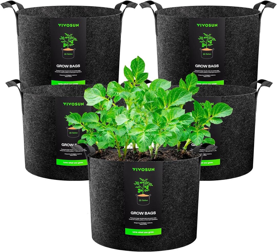 VIVOSUN 5-Pack 20 Gallon Plant Grow Bags, Heavy Duty Thickened Nonwoven Fabric Pots with Handles (Black)