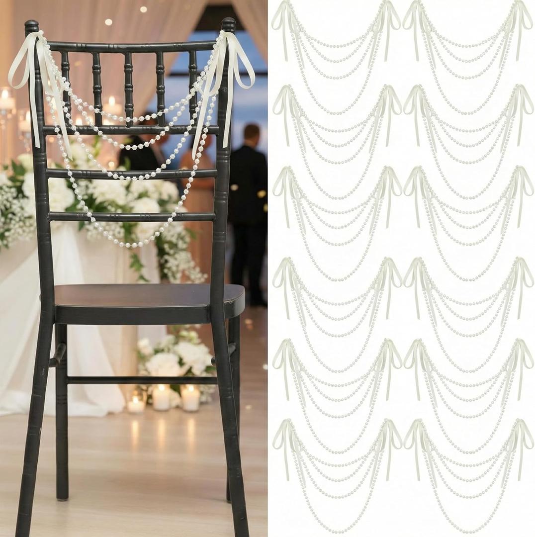 64 Pcs Wedding Pearl Bow Chair Decor Satin Ribbon Bows with Pearl Beaded String Garland Aisle Chair Sashes Decorations for Ceremony Coquette Party Banquet Decor (Ivory)