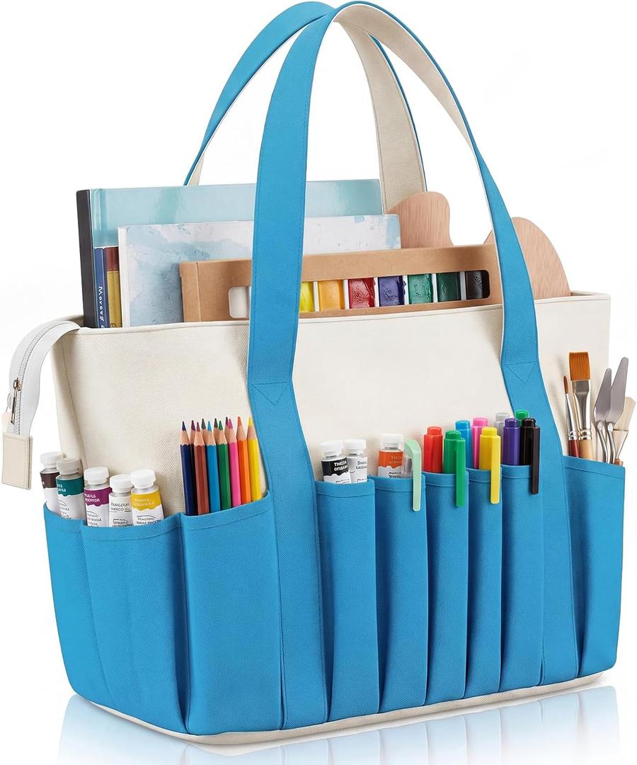 Locmeo Art Organizer Craft Storage Tote Bag with Pockets and Handles Blue Pottery Tool Bag Washable Canvas Craft Tote with Rigid Bottom for for Teacher Officer Artist Traveler