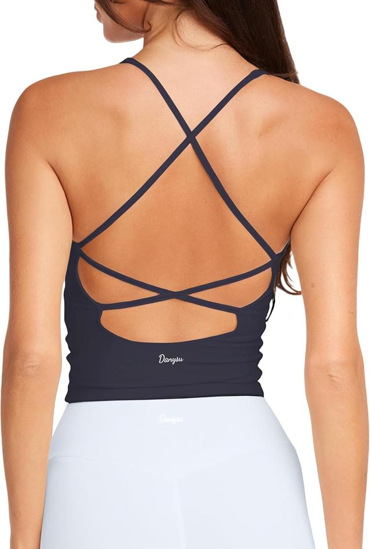 Danysu Sculpt Workout Tank Tops Women Backless Longline Sports Bras Strappy Padded Yoga Top (Blue, S)