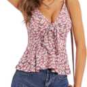 HUHOT Women's Floral Ruffle Top Tie Front Sleeveless V Neck Adjustable Spaghetti Strap Cami (XL)
