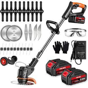 Cordless Weed Wacker with Wheels, 880W Battery Powered Weed Eater with 2 x 21V Batteries, 3-in-1 Electric Grass Trimmer & Brush Cutter with 5 Types Blades, Lightweight Weed Trimmer for Lawn & Garden