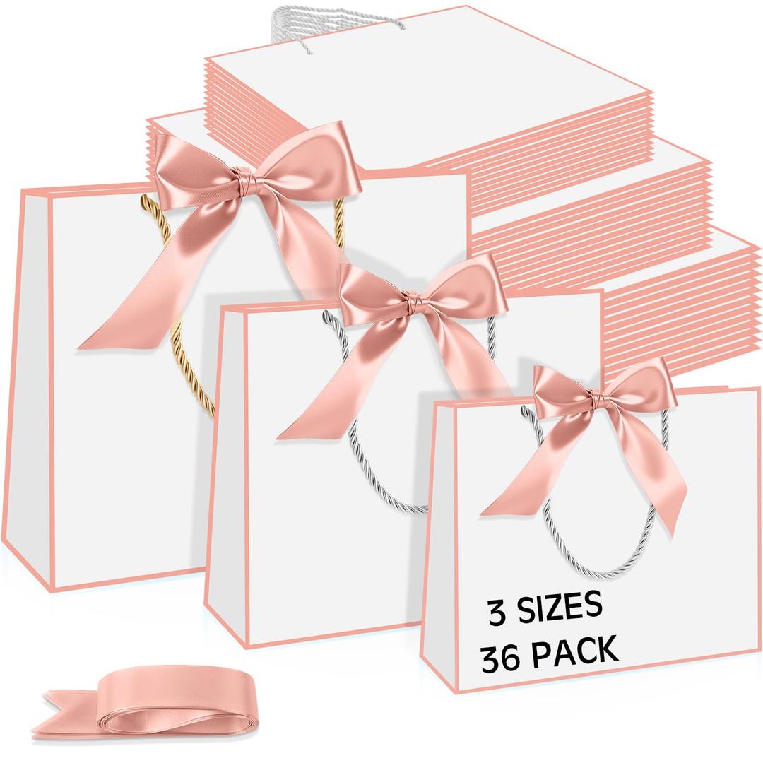 Tosstuki 36 Pack Thank You Gift Bags with Handle 3 Sizes Welcome Bags Thank You Return Gifts with Bow Ribbon for Birthday Party Wedding Bridesmaid(Pink)