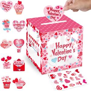 53 Pcs Valentine Boxes for Kids: Valentine's Day Cards & Mailbox Set, 10 Romantic Designs, Pink, 7.5 x 7.5 Inches (Mailbox), 3.9 Inches (Cards)