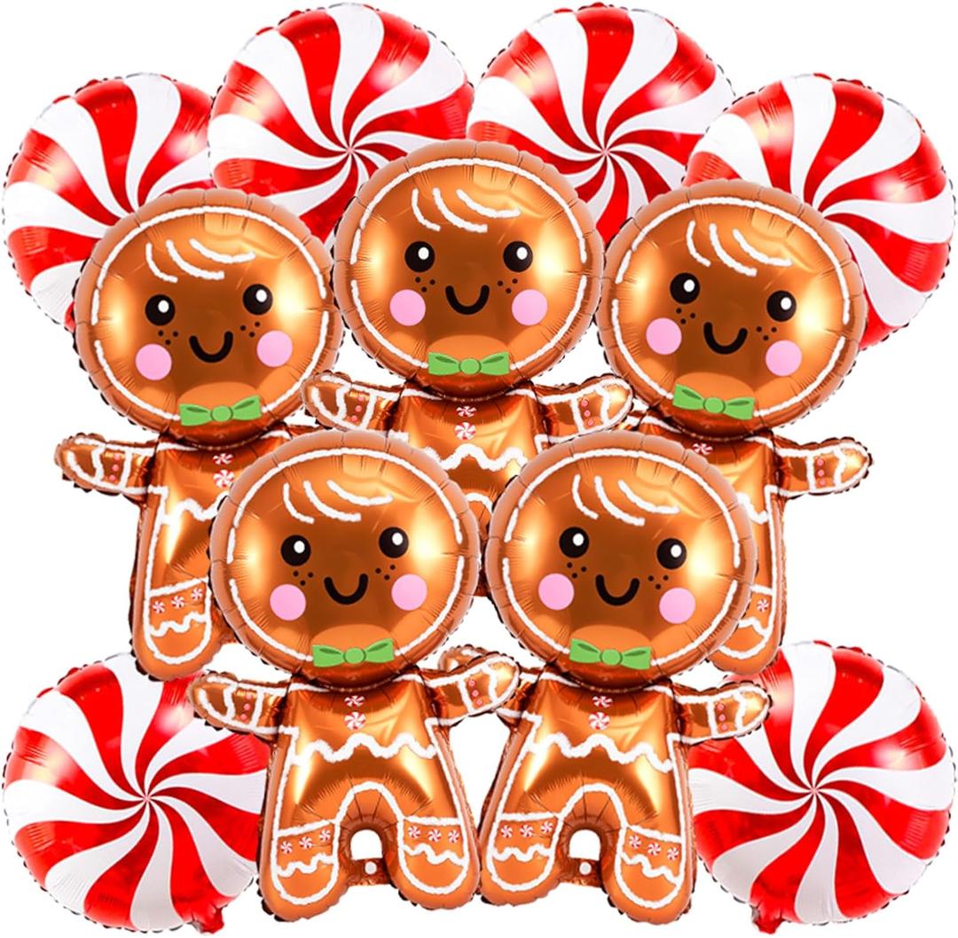 11PCS Large Gingerbread and Candy Balloons Set - Red Foil Balloons for Christmas Party Decorations