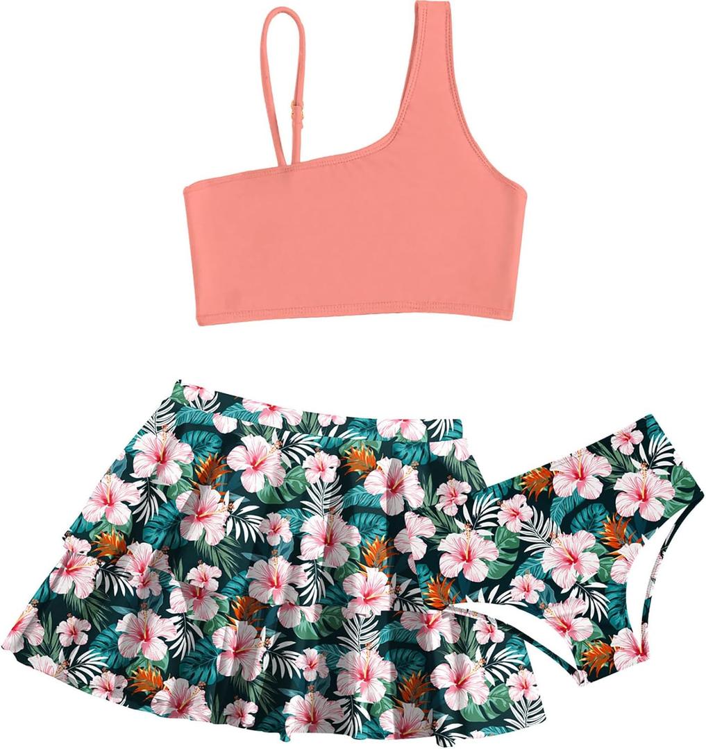 RAISEVERN Girls Swimsuit 3 Piece Bathing Suits Cute Quick Dry Bikini Tankini Sets with Cover Ups Beach Skirt, Size:11 - 12 (Pink Blue)