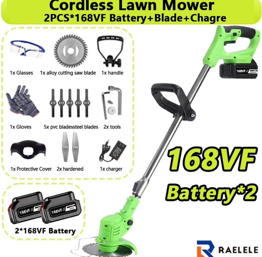 Cordless Weed Wacker with Wheels, 880W Electric Weed Eater with 2 x Batteries, 3-in-1 Battery Powered Grass Trimmer/Brush Cutter with 5 Types Saw Blades