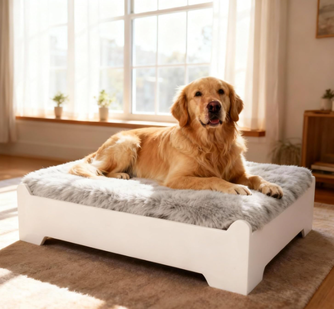 CLOUDBERG Medium Elevated Wooden Dog Bed Frame with Cushion, Raised Dog Couch Sofa 32½”x 24½” Up to 50lbs