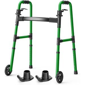 Loyoda Folding Walker with 2 Skis and 5" Wheels, Lightweight Walkers for Seniors and Adults, Supports Up to 350 Pounds, Adjustable Height, Compact Standard Walker, Green