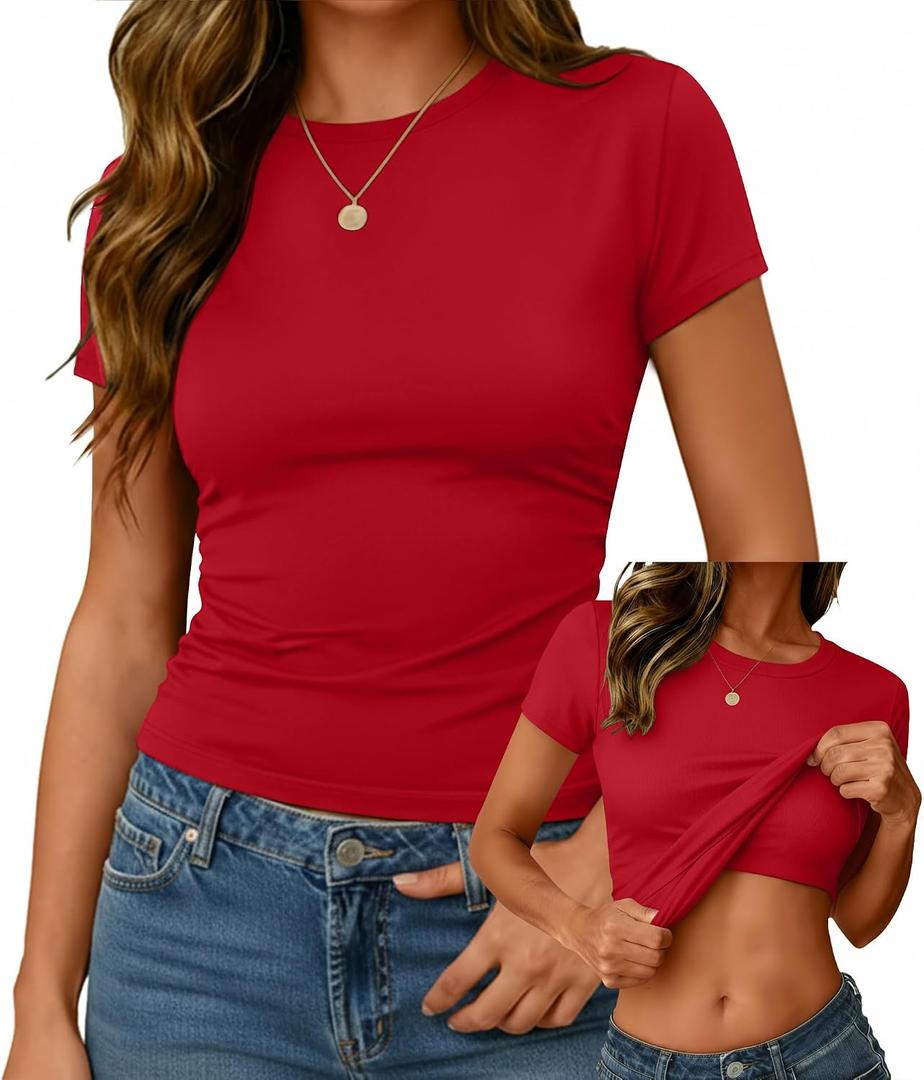 Evervibe Women Built-in Bra Short Sleeve Shirts Crewneck T-Shirt Slim Fit Going Out Tops Casual Summer Basic Tees (Red, XL)