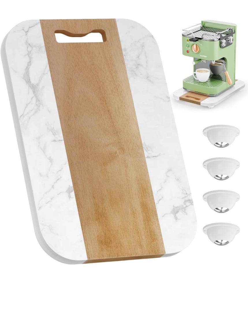 NiHome Appliance Sliding Tray for Coffee Maker, 14"x9.5" Acacia Wood & Marble Smooth Silent Wheels Roll-Out Caddy, Scratch-Free Under Cabinet Countertop Slider for Blender, Air Fryer, Toaster (White)