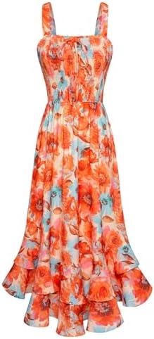 GRACE KARIN Women's 2025 Summer Floral Boho Dress Square Neck Strapped Swing A Line Sundress Beach Long Maxi Outfits, Color: Orange Flower, S