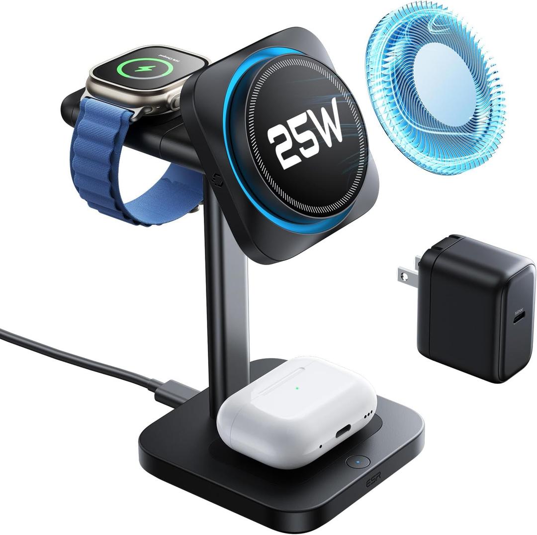 ESR for 3 in 1 Charging Station, Qi2.2 Certified 25W MagSafe Charger Stand with CryoBoost, Phone-Cooling Fast Charging Station, for iPhone 17/16 with iOS 26, AirPods, Apple Watch, Black