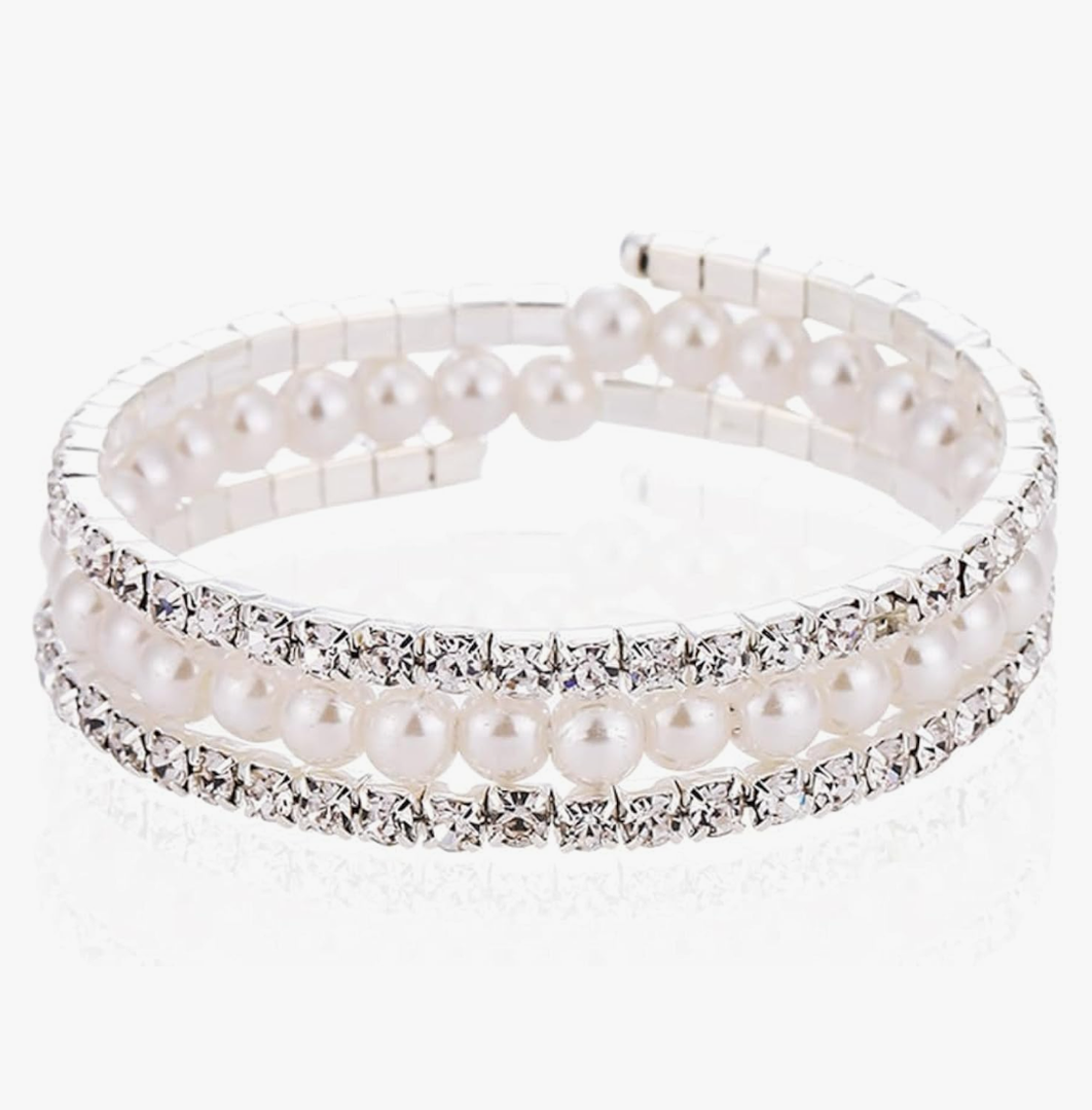 Xerling Dainty Crystal Multi Row Bracelets Faux Pearl Bracelets for Women Rhinestones Hand Chain Jewelry Wrist Bangle Bracelets Elastic Silver Bracelets (Type A)