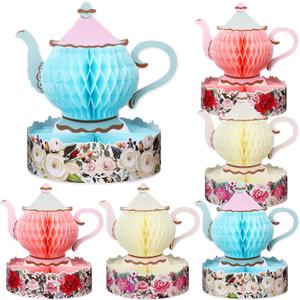 Wettarn 6 Pcs Floral Tea Party Decorations Princess Party Tea Honeycomb Tea Party Centerpieces for Tables Spring Summer Birthday Decors 3D Vintage Teapot Vase Decors for Wedding Girls Women (Floral)