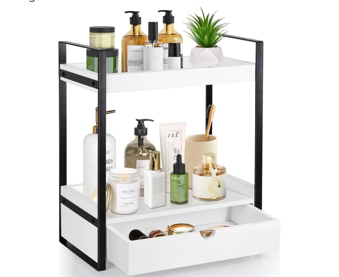 2-Tier Wooden Counter Shelf with Drawer, Vanity Tray for Organization and Decor, Countertop Organizer for Bathroom and Kitchen