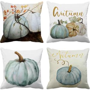 Emvency Set of 4 Decorative Throw Pillow Case Cover Autumn Pumpkins White Blue Gray Pumpkin Fall Watercolor Home Square Decor Pillow Cases Covers Cushion Sofa Size 18x18 Inches Double Sided