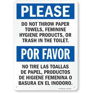 2 x SmartSign "Please Do Not Throw Paper Towels, Feminine Hygiene Products, Or Trash In The Toilet" Bilingual Sign | 10" x 14" Plastic